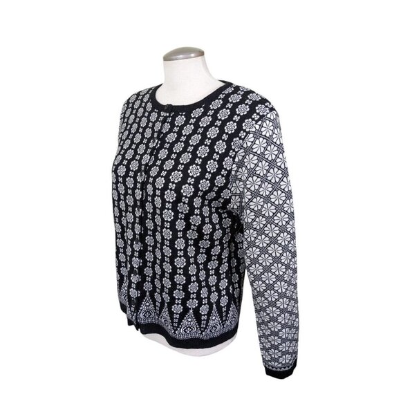 Vintage Cabi Cardigan Sweater Wool Blend Womens Large Black White Floral Button - Picture 5 of 6